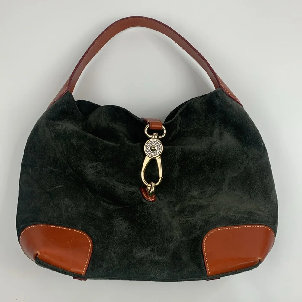Dooney & Bourke Leather Suede Shoulder Bag Gray Brown Gold Red Lined Pockets - Picture 2 of 16
